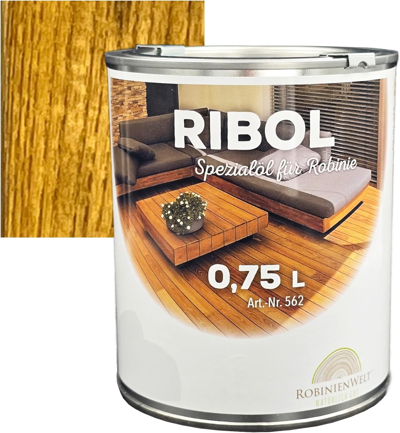 Huile de protection du bois RIBOL NATURELLE (incolore) pour bois durs (par exemple, robinier, chêne, teck, etc.), n° 562, 0,75 litre (pour max. 17 m²)