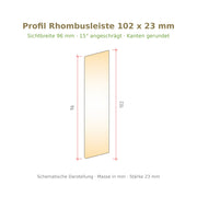Profilzeichnung Rhombusleiste Robinie 102 x 23 mm, Sichtbreite 96 mm