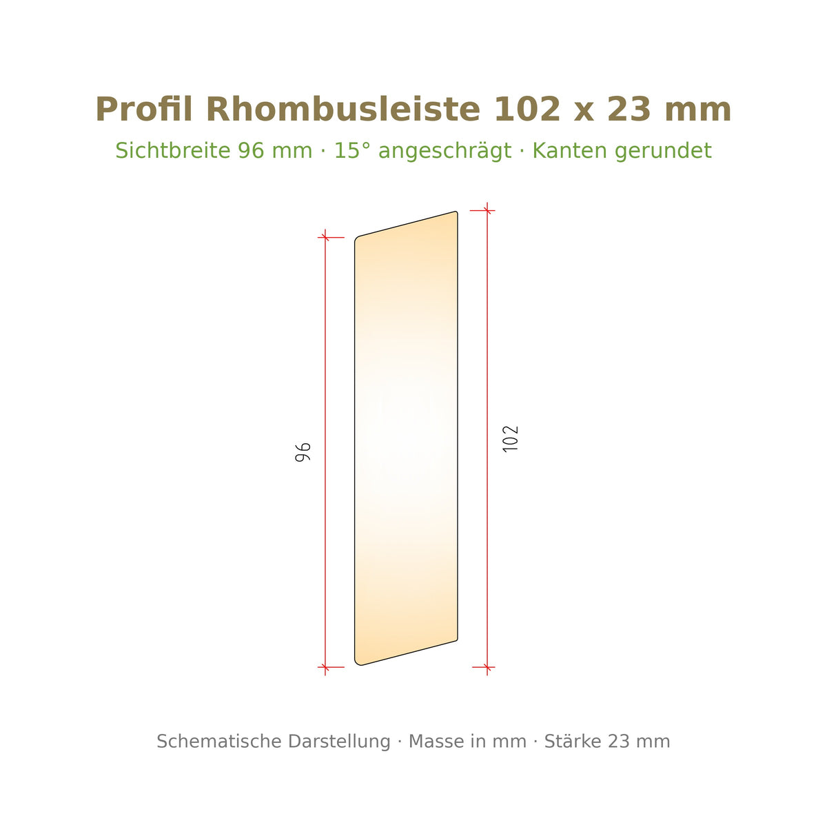 Profilzeichnung Rhombusleiste Robinie 102 x 23 mm, Sichtbreite 96 mm