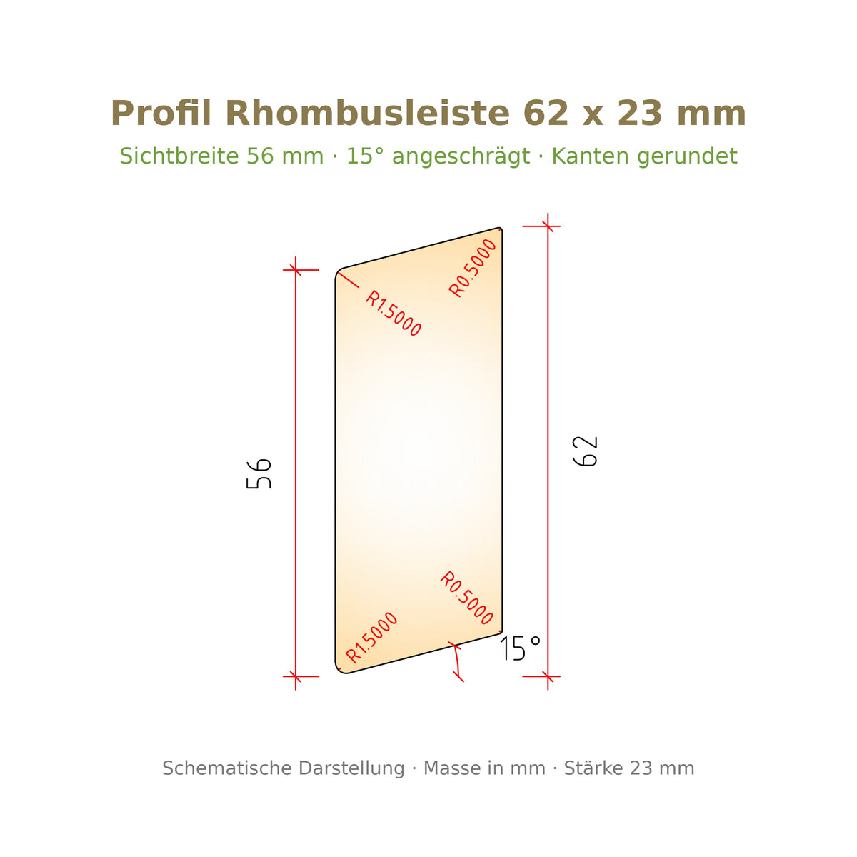 Profilzeichnung Rhombusleiste Robinie 62 x 23 mm, Sichtbreite 56 mm