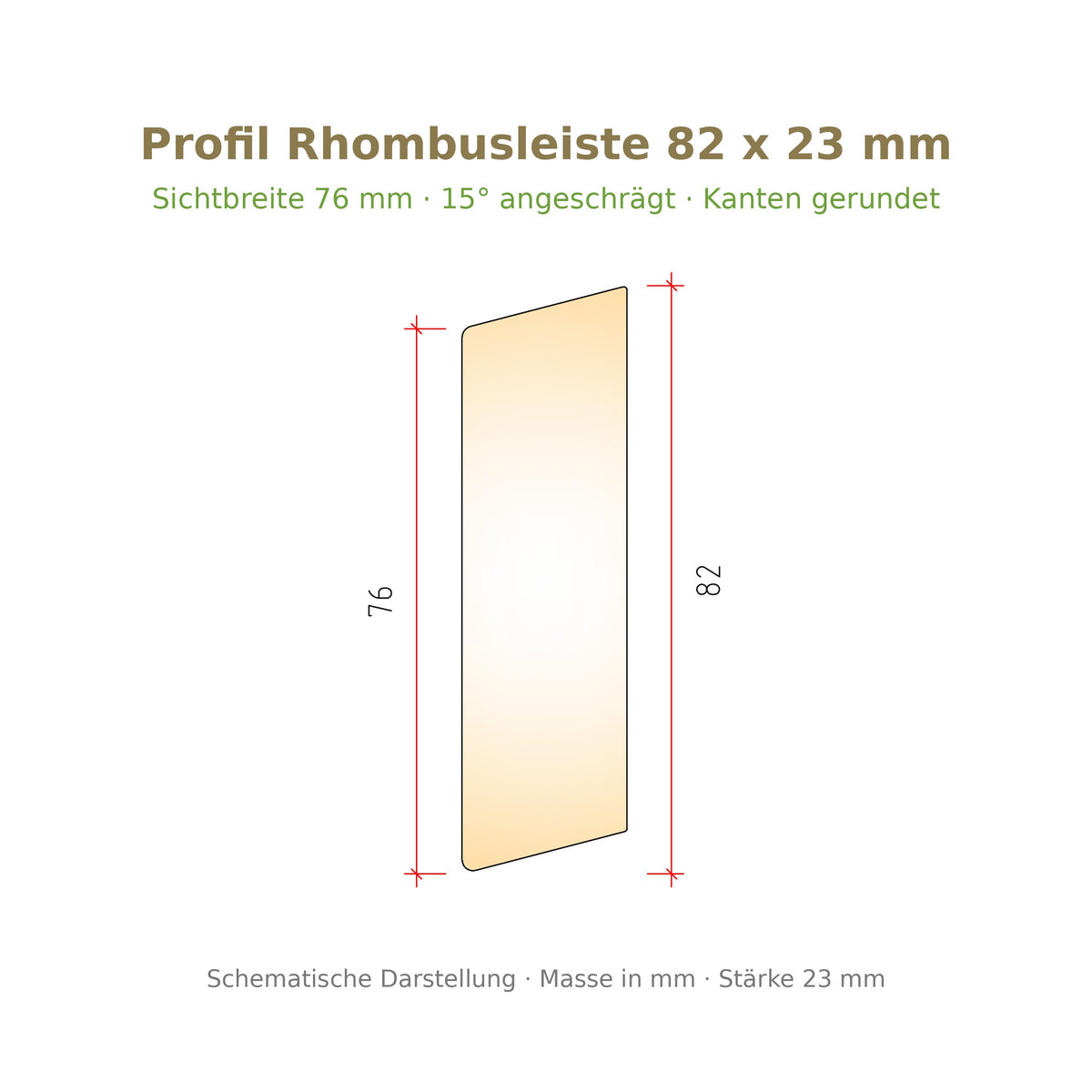 Profilzeichnung Rhombusleiste Robinie 82 x 23 mm, Sichtbreite 76 mm