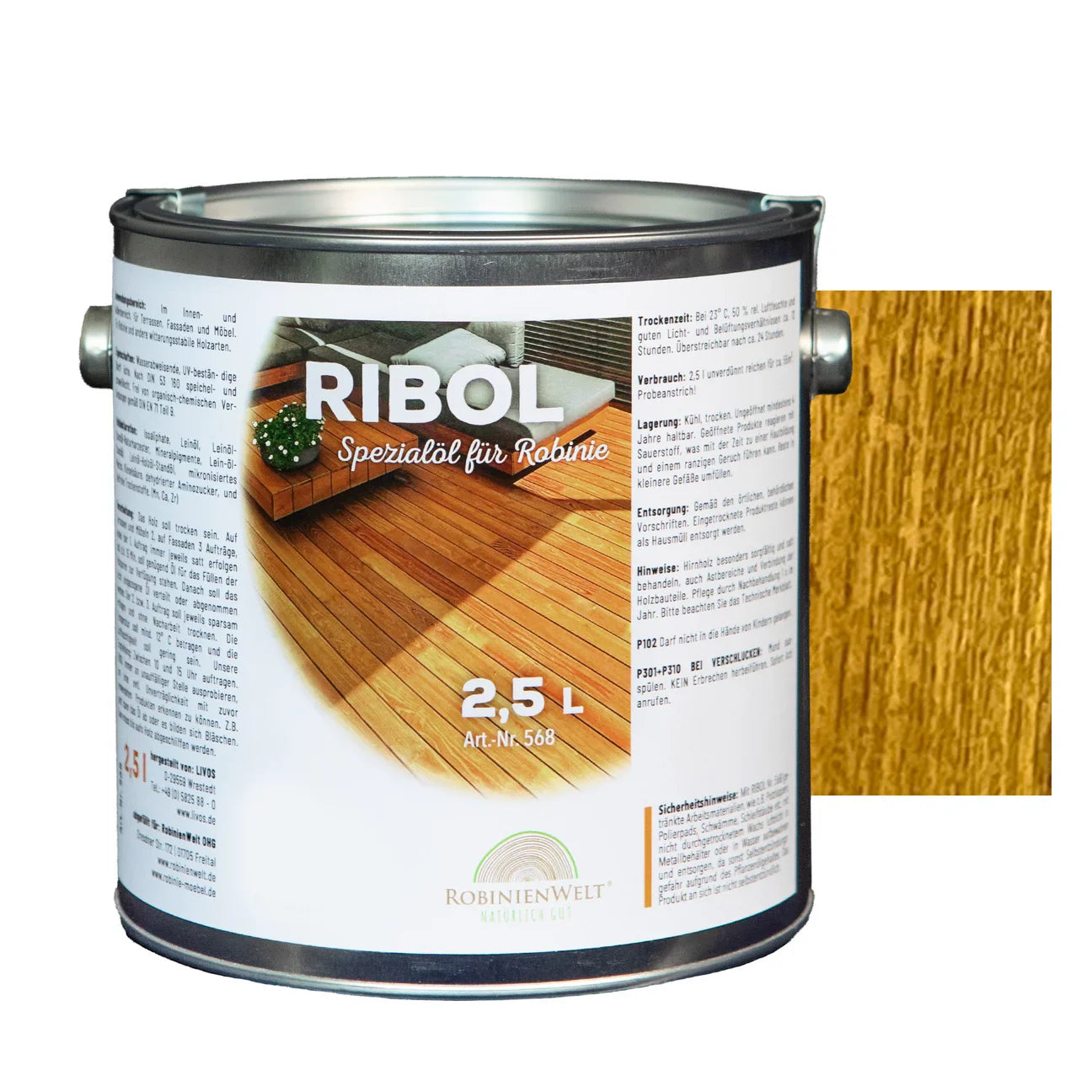 Huile de protection du bois RIBOL NATURELLE (incolore) pour bois durs (par exemple, robinier, chêne, teck, etc.), n° 562, 2,5 litres (pour max. 55 m²)
