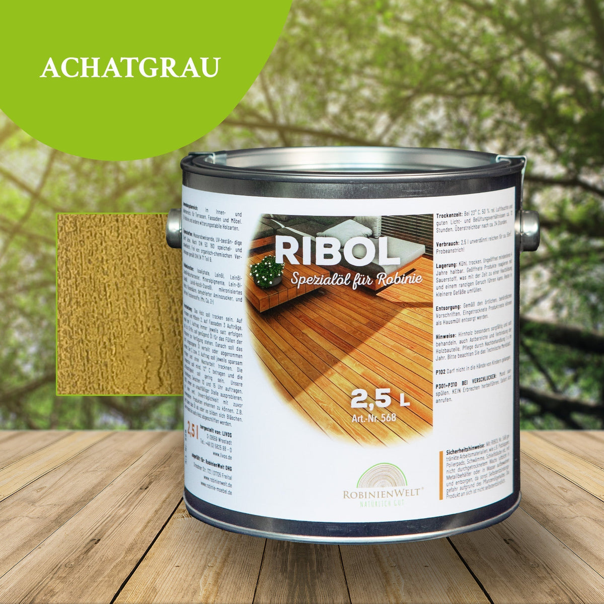 RIBOL Holzschutz-Öl für Robinie und Harthölzer – ACHATGRAU, 2,5 Liter