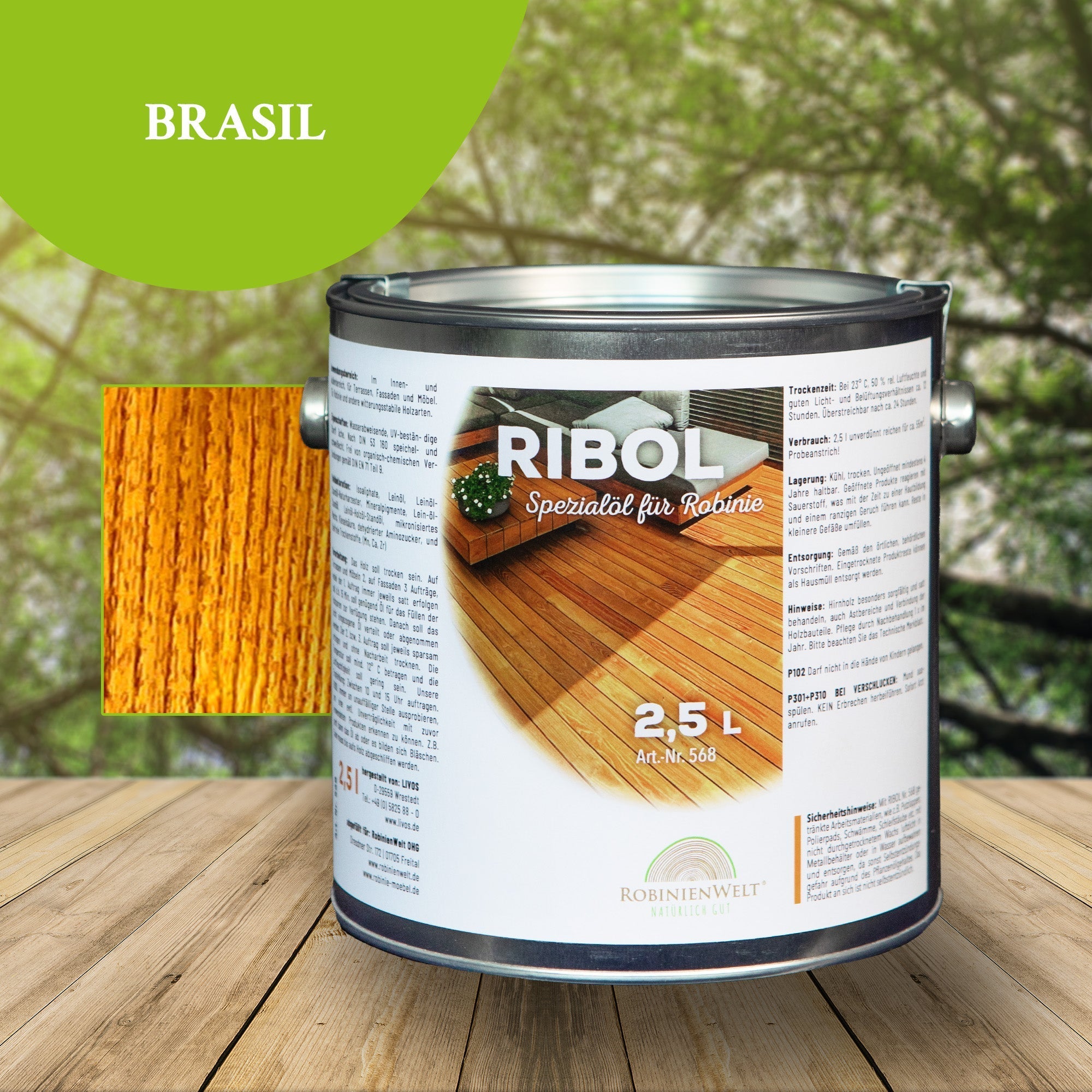 RIBOL Holzschutz-Öl Farbe: "BRASIL" für Harthölzer (z.B. Robinie, Eiche, Teak u.v.m.), Nr. 569-052-250, 2,5 Liter (für max. 55qm)
