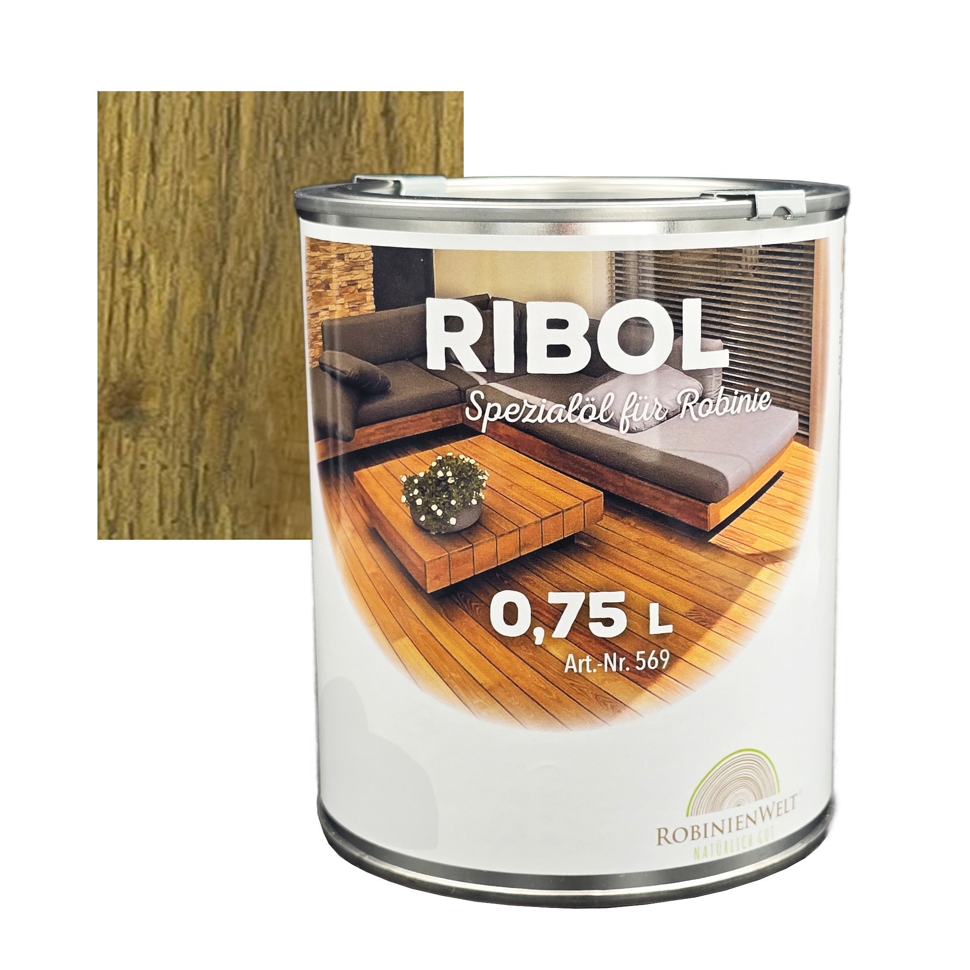 Huile de protection du bois RIBOL, couleur : « GRIS ARGENT » pour bois durs (par exemple, robinier, chêne, teck, etc.), n° 569-922-250, 2,5 litres (pour max. 55 m²)