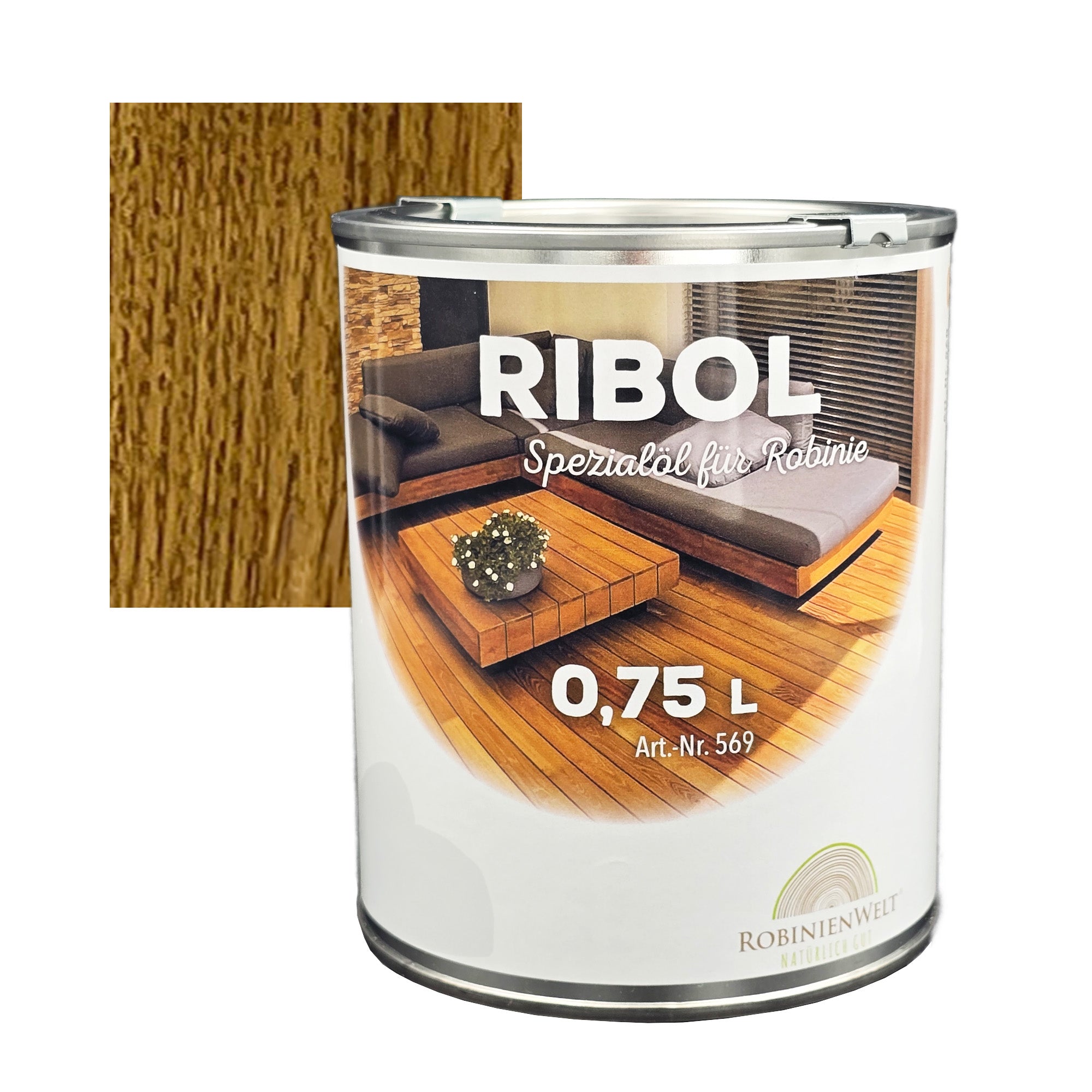 Huile de protection du bois RIBOL couleur : « TABAC » pour bois durs (par exemple robinier, chêne, teck et autres), n° 569-069-250, 2,5 litres (pour max. 55 m²)