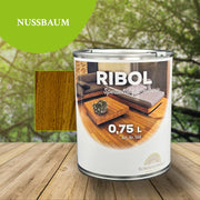 Huile de protection du bois RIBOL, couleur : « Noyer », pour bois durs (par exemple, robinier, chêne, teck, etc.), n° 569-062-075, 0,75 litre (pour max. 17 m²)