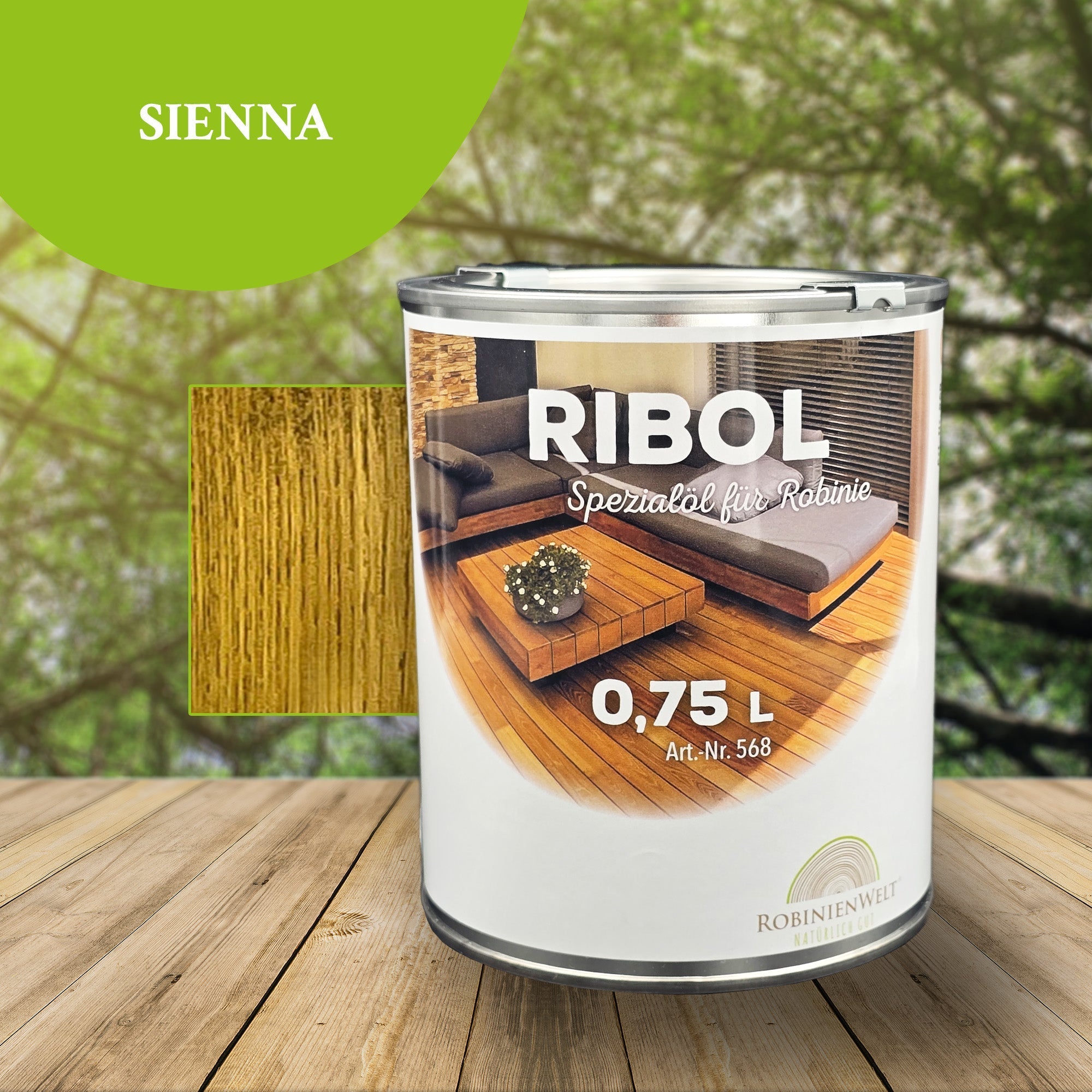 Huile de protection du bois RIBOL couleur : « SIENNA » pour bois durs (par exemple, robinier, chêne, teck et autres), n° 569-1126-075, 0,75 litre (pour max. 17 m²)