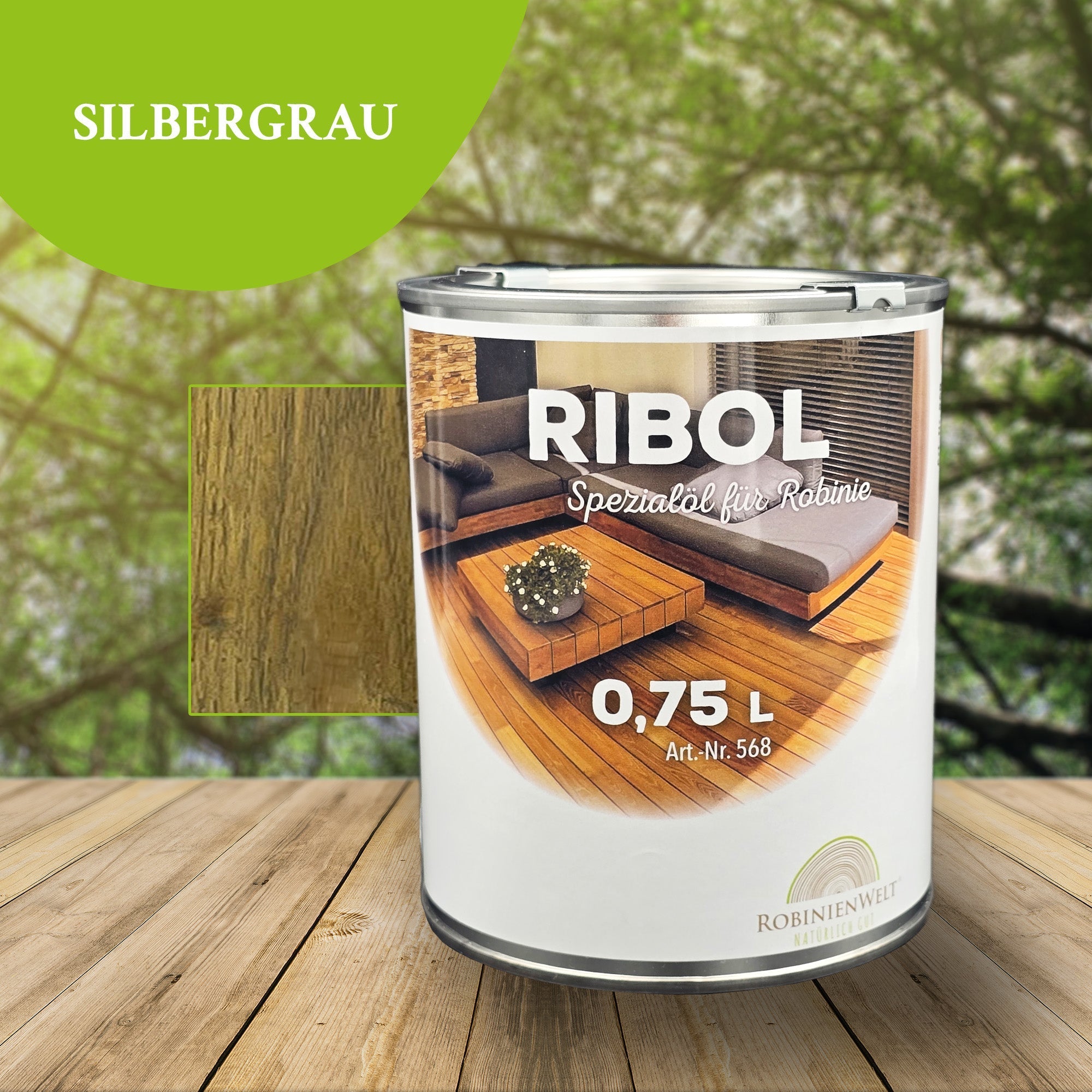 Huile de protection du bois RIBOL, couleur : « GRIS ARGENT » pour bois durs (par exemple, robinier, chêne, teck, etc.), n° 569-922-075, 0,75 litre (pour max. 17 m²)