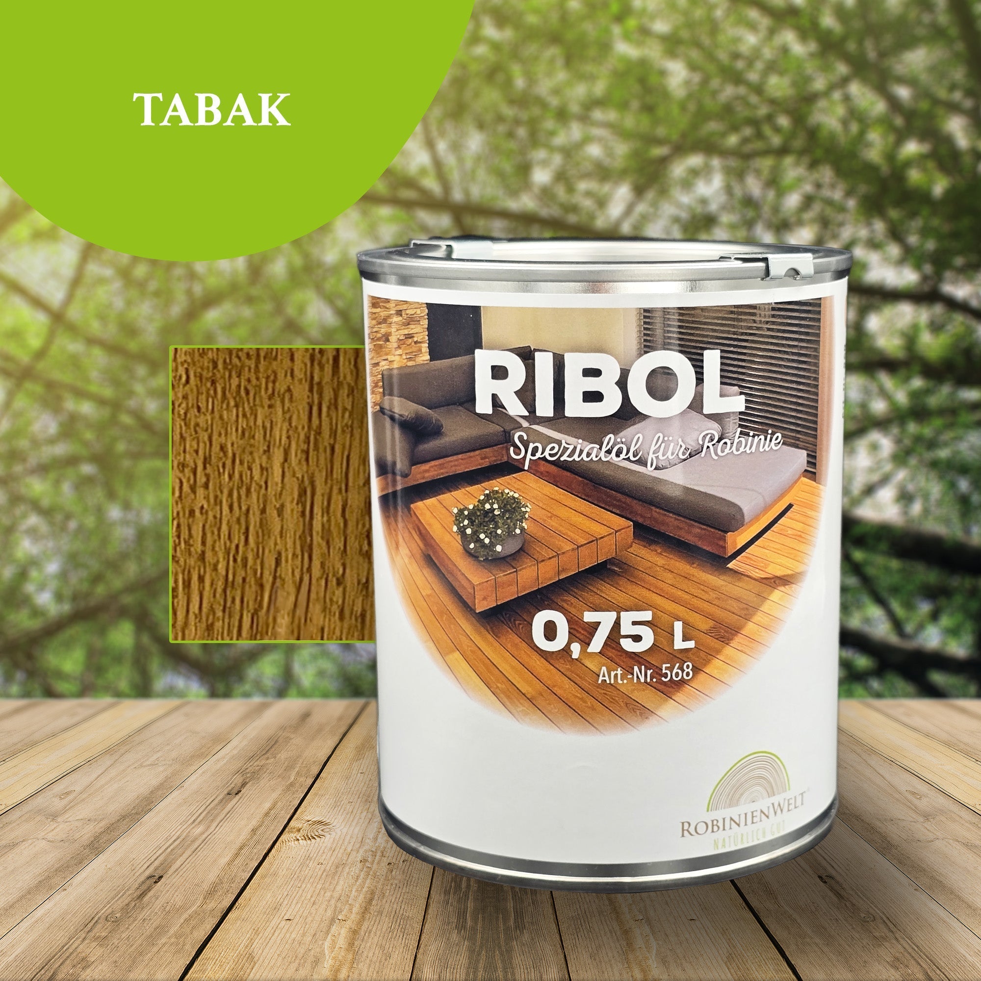 Huile de protection du bois RIBOL couleur : « TABAC » pour bois durs (par exemple robinier, chêne, teck et autres), n° 569-069-075, 0,75 litre (pour max. 17 m²)