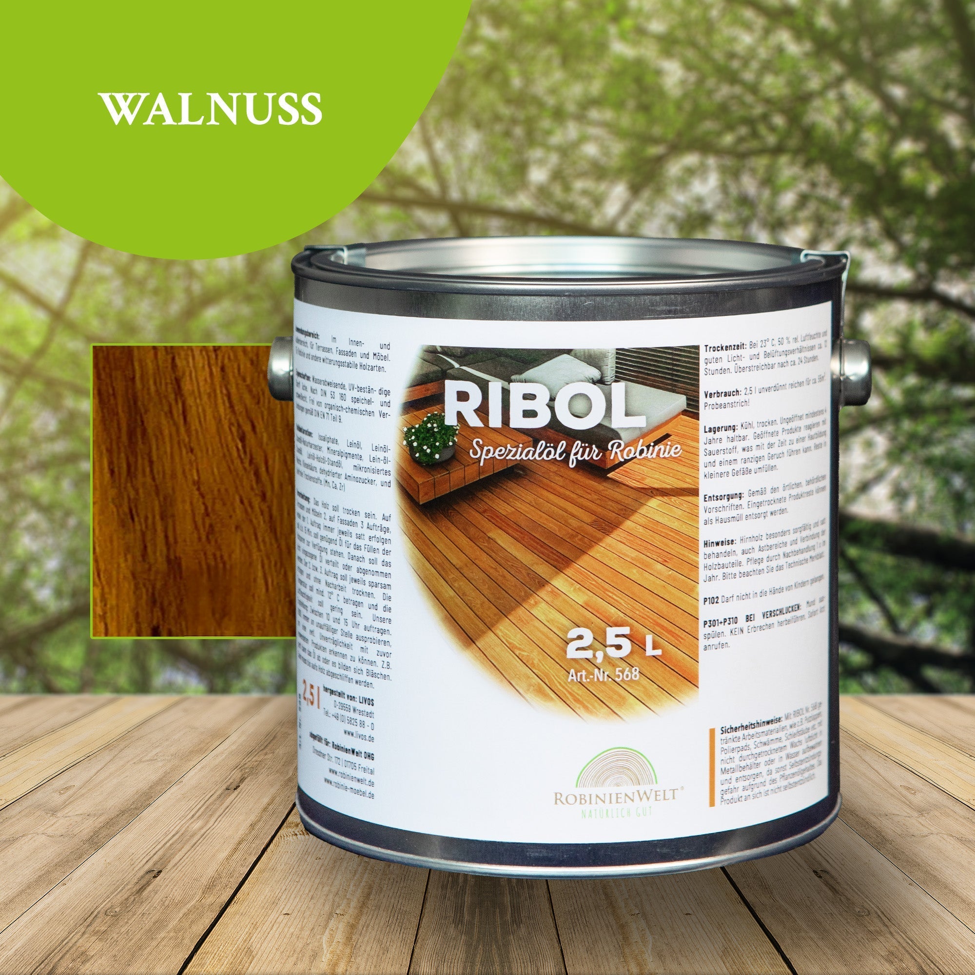 Huile de protection du bois RIBOL, couleur : « NOYER », pour bois durs (par exemple, robinier, chêne, teck, etc.), n° 569-064-250, 2,5 litres (pour max. 55 m²)