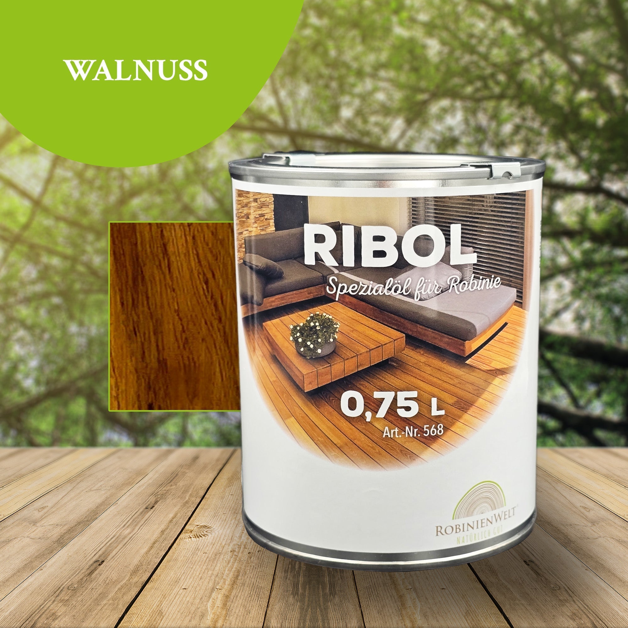 Huile de protection du bois RIBOL, couleur : « NOYER » pour bois durs (par exemple, robinier, chêne, teck, etc.), n° 569-064-075, 0,75 litre (pour max. 17 m²)