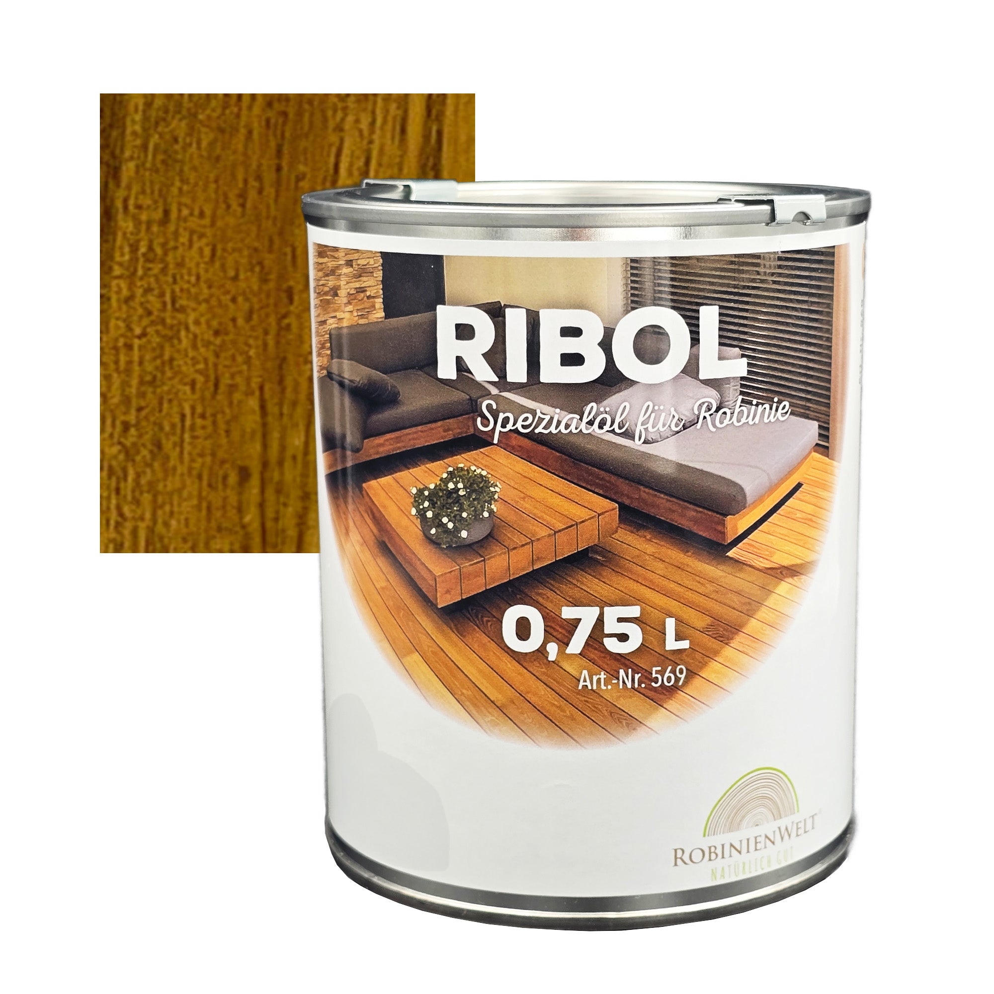 Huile de protection du bois RIBOL, couleur : « Noyer », pour bois durs (par exemple, robinier, chêne, teck, etc.), n° 569-062-075, 0,75 litre (pour max. 17 m²)