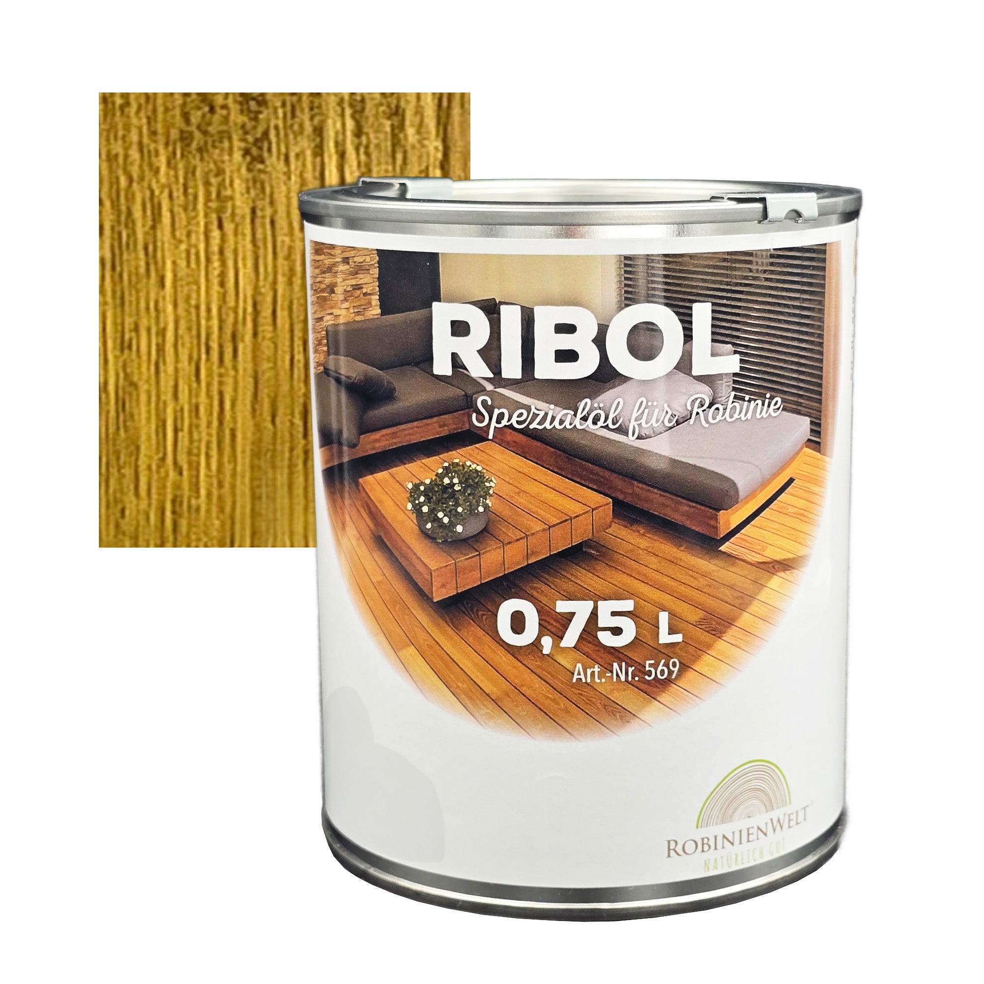 Huile de protection du bois RIBOL couleur : « SIENNA » pour bois durs (par exemple, robinier, chêne, teck et autres), n° 569-1126-075, 0,75 litre (pour max. 17 m²)