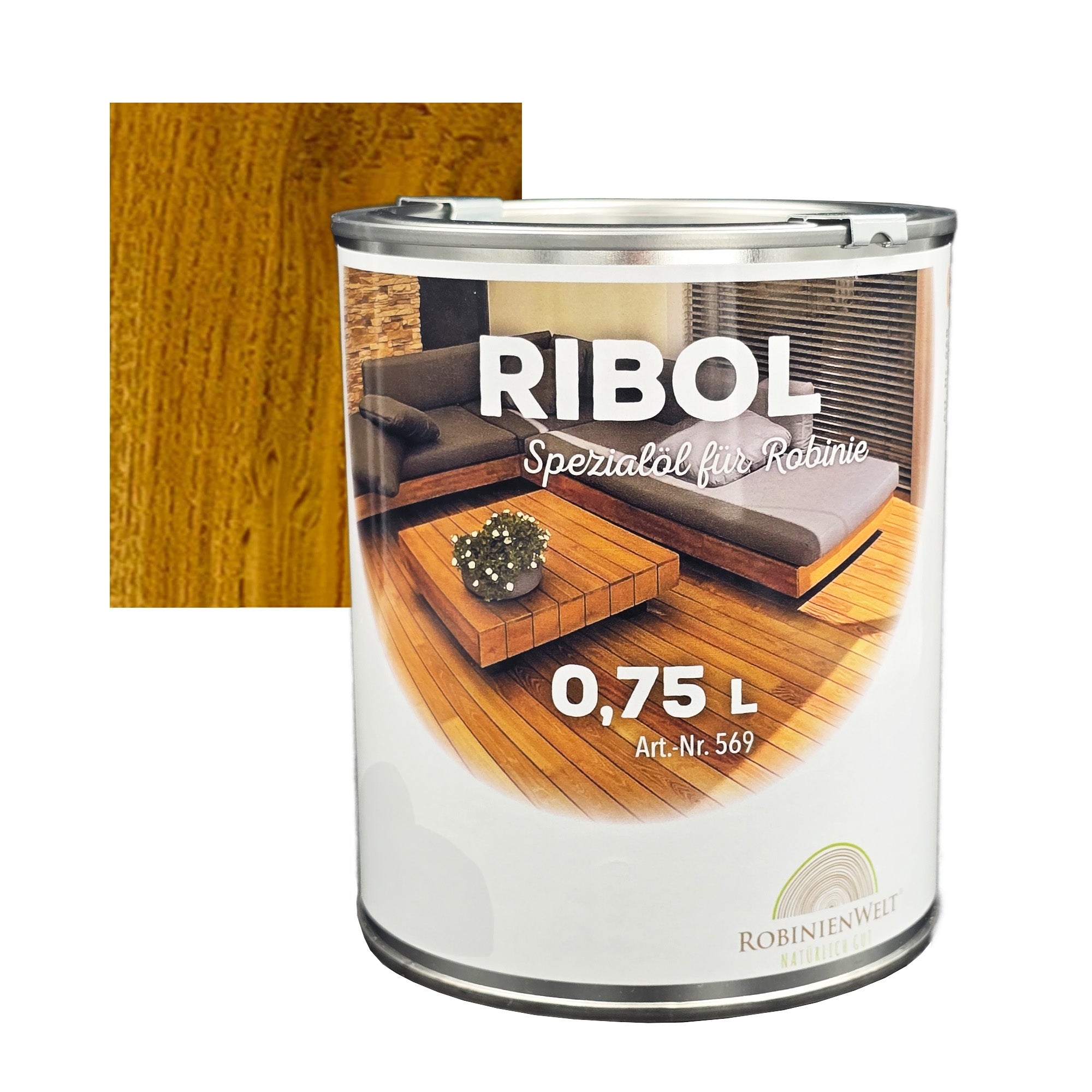 Huile de protection du bois RIBOL, couleur : « TEAK LIGHT » pour bois durs (par exemple, robinier, chêne, teck, etc.), n° 569-068-075, 0,75 litre (pour max. 17 m²)