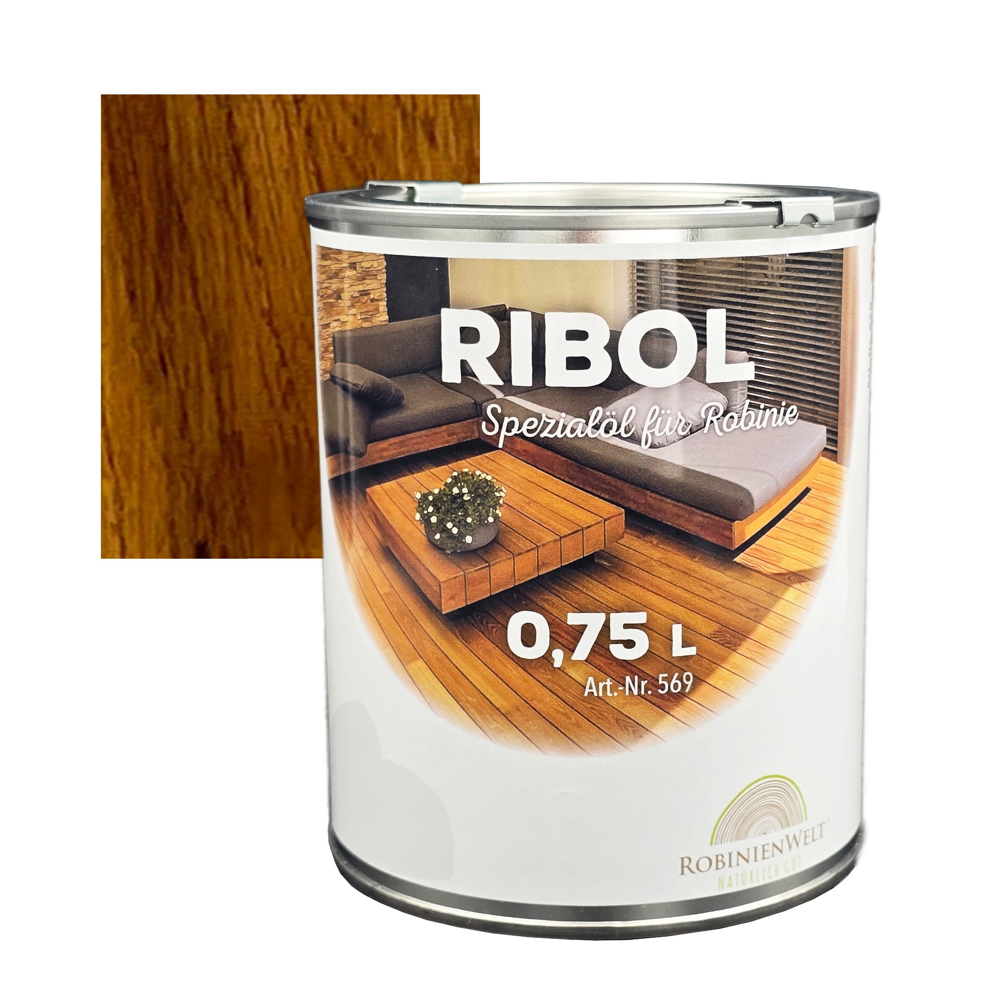 Huile de protection du bois RIBOL, couleur : « NOYER » pour bois durs (par exemple, robinier, chêne, teck, etc.), n° 569-064-075, 0,75 litre (pour max. 17 m²)