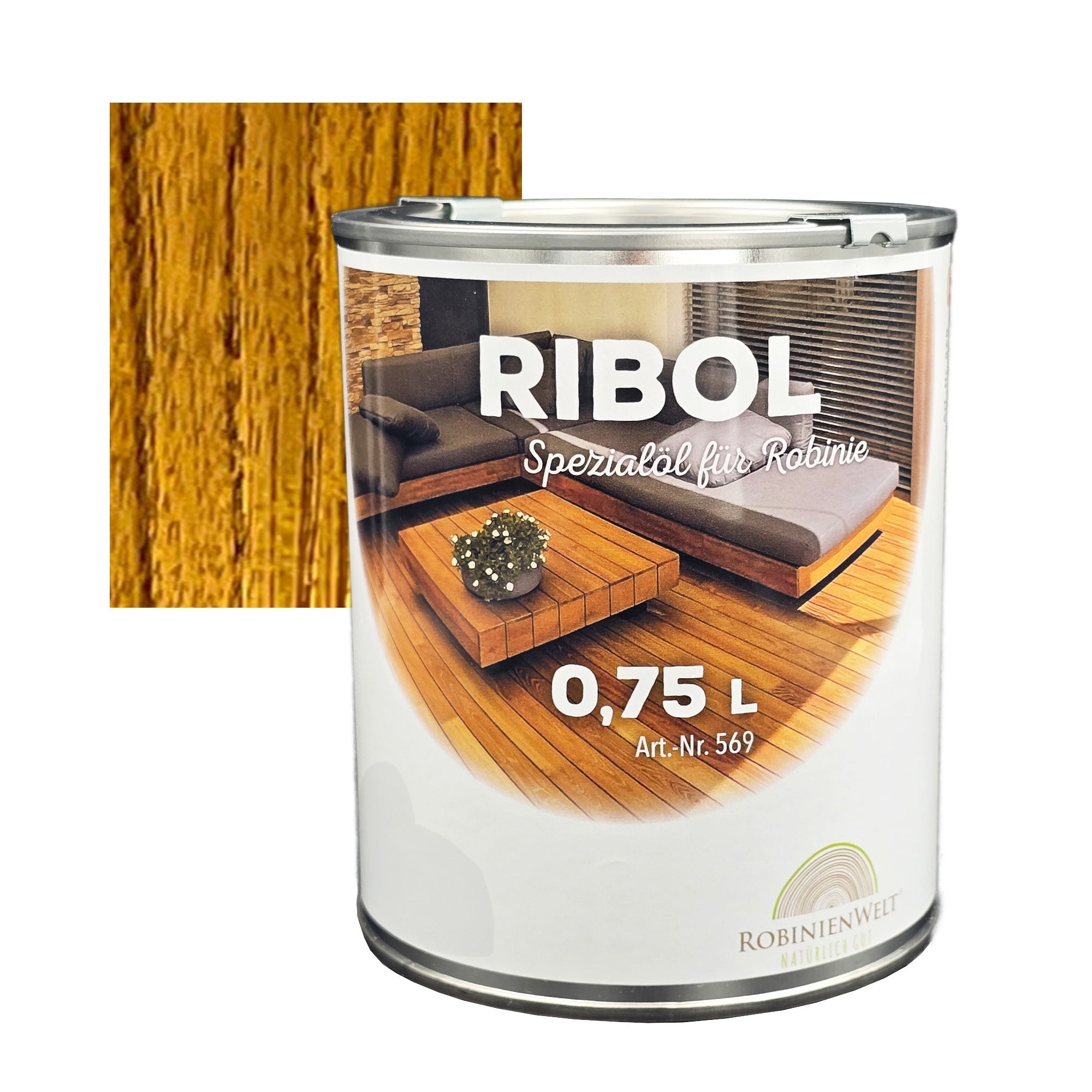 Huile de protection du bois RIBOL, couleur : « CHÂTAIGNIER » pour bois durs (par exemple, robinier, chêne, teck, etc.), n° 569-048-075, 0,75 litre (pour max. 17 m²)